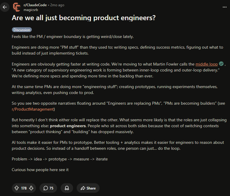 Screenshot of Token's comment on Reddit: Are we all just becoming product engineers?