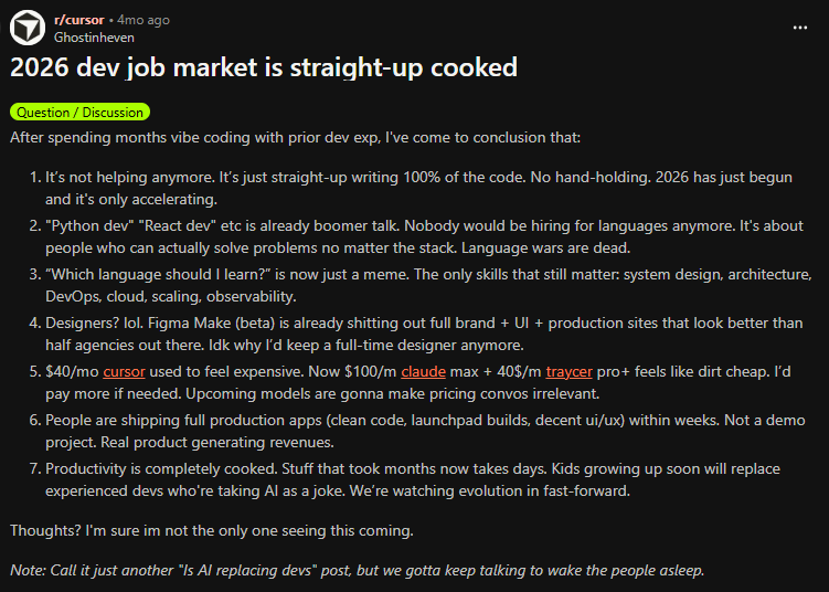 Screenshot of Token's comment on Reddit: 2026 dev job market is straight-up cooked