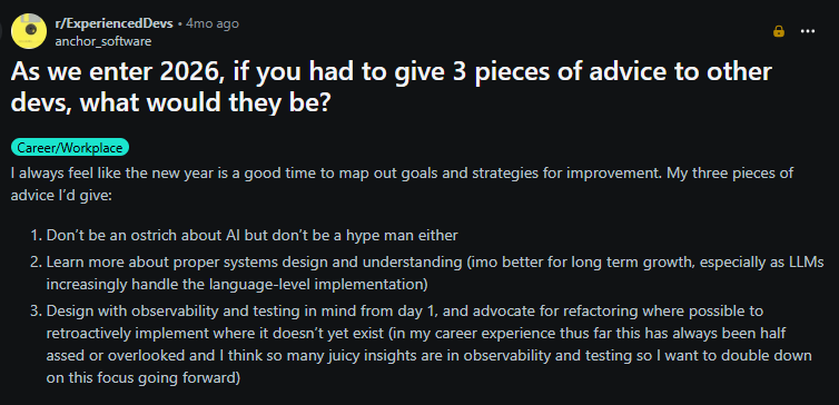Screenshot of Token's comment on Reddit: As we enter 2026, if you had to give 3 pieces of advice to other devs, what would they be?