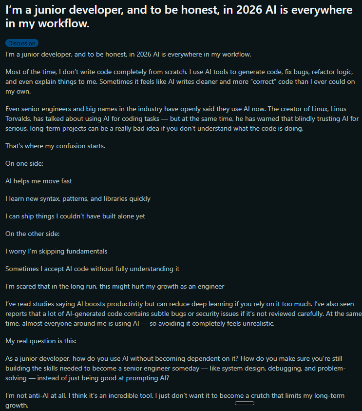 Screenshot of Token's comment on Reddit: I'm a junior developer, and to be honest, in 2026 AI is everywhere in my workflow.